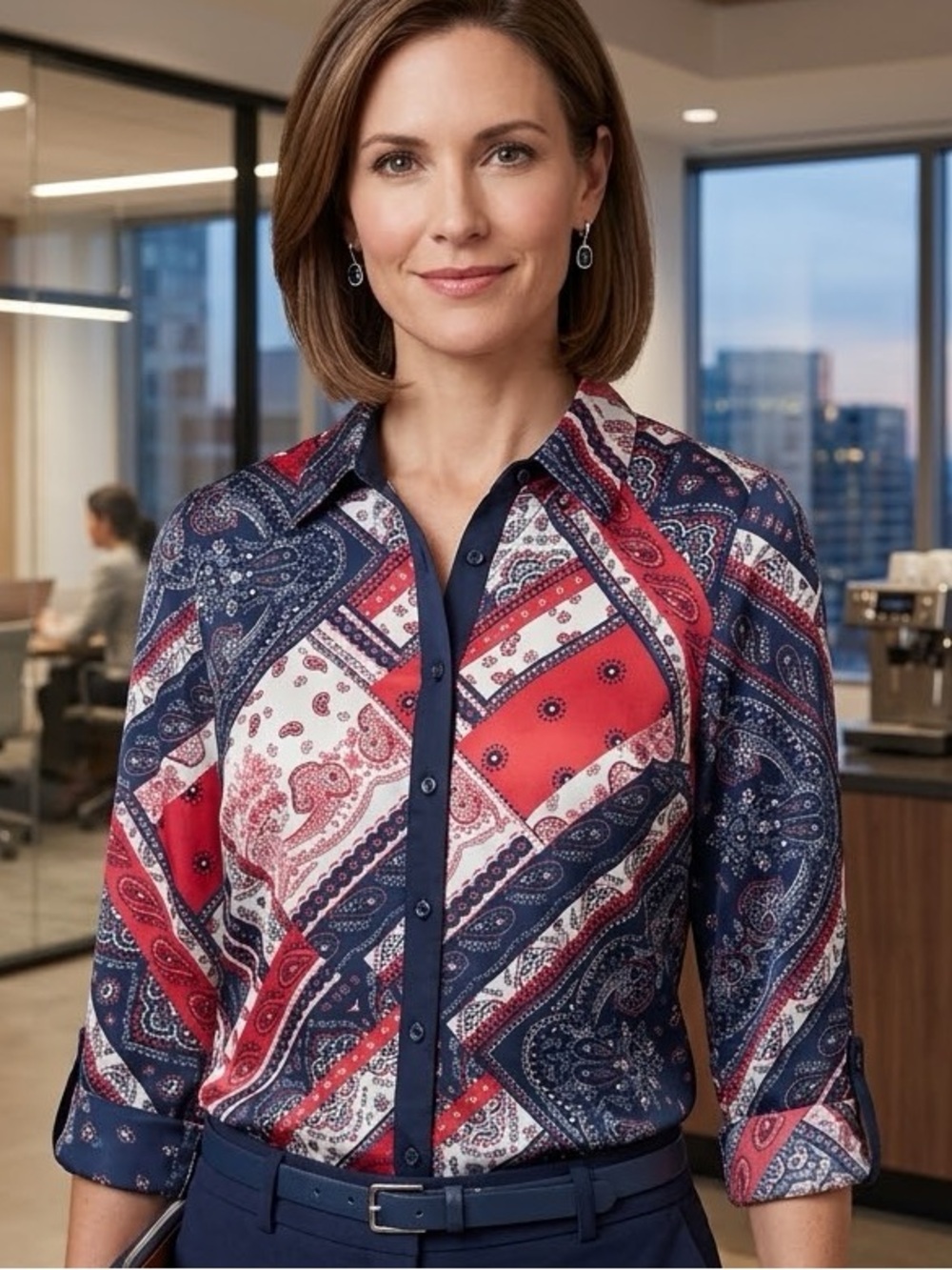 Sara Michelle Women's Paisley Patchwork Blouse - Navy / Red / White